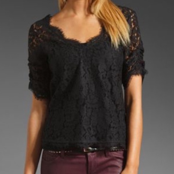 Joie Nevina Black Lace Scalloped Eyelash Trim Short Sleeve Top Blouse - Picture 2 of 14